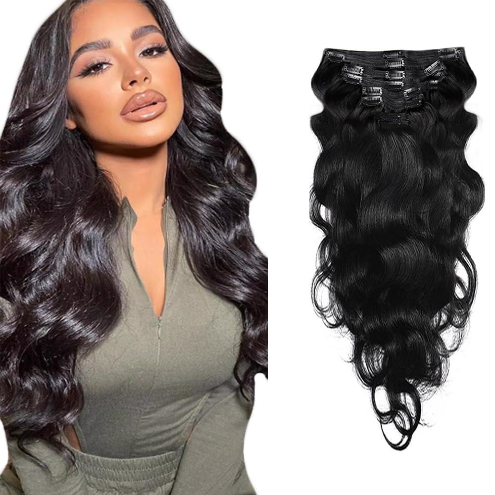 #1B Natural Black Clip in Human Hair Extensions 16 Inch Color #1B Long Wave Clip in Seamless Extensions Human Hair Skin Weft Seamless Invisible Unprocessed Brazilian Virgin Remy Hair 120g