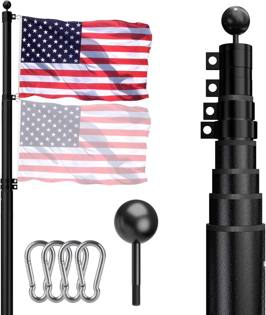 Heavy Duty Telescoping Flag Pole, 25FT 12 Gauge Extra Thick Aluminum Flagpole Kit Upgrade Ball Plunger Lock, 100MPH Wind Tested, Includes 3x5 American Flag, for Outside House In Ground (Black)