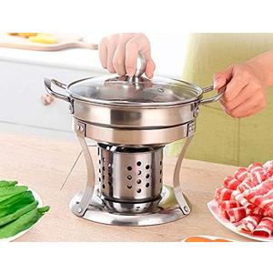 Shabu Shabu Mini Hot Pot Stainless Steel With Glass Lid Chafing Dish Single Serving Mini Casserole Pot Cooking Gel Fuel Cookware (Pack of 2) 9"D x 6.9"W x 9"H