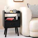 Yoobure Night Stand with Fabric Drawer, Modern Nightstand, Bedside Tables, Mid Century Nightstands with Open Storage Shelf, Wood Bedside Table, Small Night Stands for Bedrooms, 2-Tier Night Table (Black)