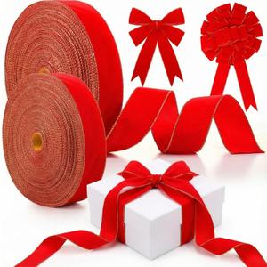 Lyrow 2 Roll Red Velvet Wired Ribbon, 2.5 Inch x 200 Yards, Gift Wrapping Ribbon for New Year, Wedding, Florist Bouquets, DIY Bows & Craft Decorations(Red, Gold)