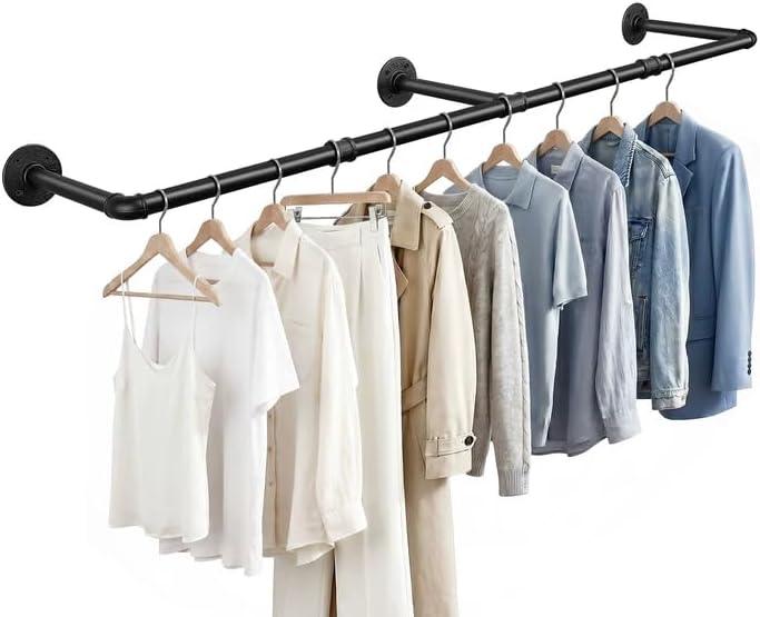 Industrial Pipe Clothes Rack, 50" Wall Mounted Iron Garment Rack, Heavy Duty Space-Saving Clothing Bar, Multi-Purpose Hanging Rod for Bedroom, Laundry Room and Closet Storage, Black