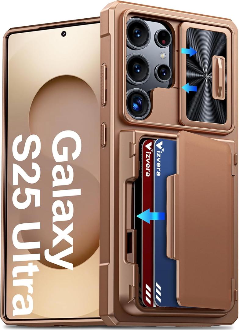 Vizvera for Samsung Galaxy S25 Ultra Case Wallet RFID [Cards Holder][Camera Cover][Edge Raised] Full Body Rugged Shockproof Silicone Protective Phone Case for Galaxy S25 Ultra 6.9" 2025 (Desert Gold)