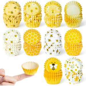 COcnny Bee Mini Cupcake Liners - 600pcs Summer Baking Cups Muffin Paper Cupcakes Wrappers for Birthday Party, Yellow Honey Candy Cake Chocolate Wrap Making Supplies for Baby Shower Wedding (10 Styles)