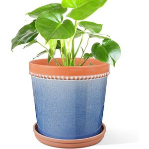 KERUITA 8 Inch Ceramic Plant Pot with Drainage and Saucer  Crackle Glaze Blue, Large House Plant Pot, Planters for Indoor Plants, Pots for Indoor Plants, Decorative Ceramic Pot for Home & Office