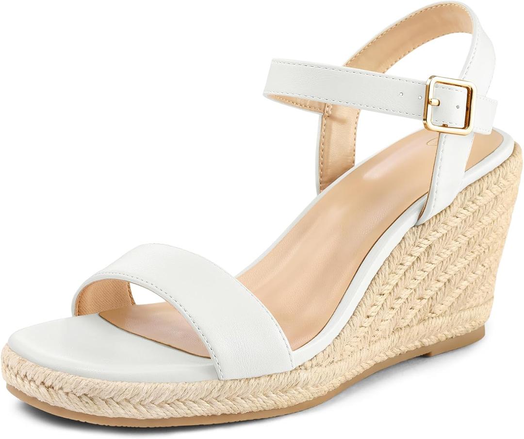 mysoft Women's Platform Espadrille Wedge Sandals Square Open Toe Ankle Strap Buckle Casual Summer Dressy Sandals (White)