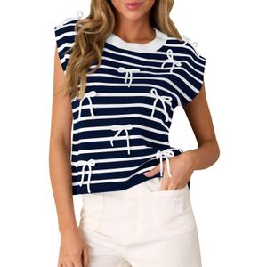 Saodimallsu Womens Striped Bow Top Cap Sleeve Summer Cute Crewneck Going Out Lightweight Knit Sweater Vest Tops (Small, Navy)