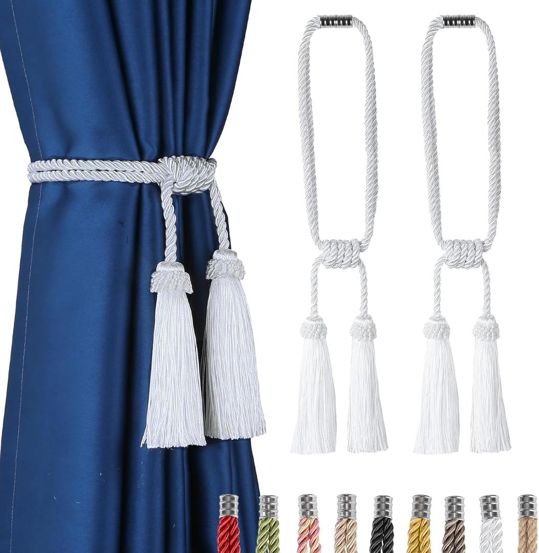 Fenghuangwu Magnetic Curtain Tiebacks 2 Pack Tassel Curtain Tieback Modern Handmade Tie Backs,Decorative Tassel Holdback for Draperies,Window Decor(White)