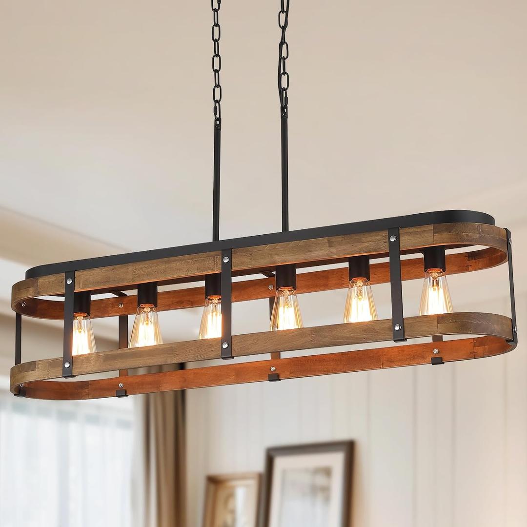 Rustic Farmhouse Wood Kitchen Island Lighting, 6 Lights Rectangular Pendant Light Fixture, Adjustable Rods Oak Wood and Metal Linear Chandelier for Kitchen Island Farmhouse Dining Room, Black