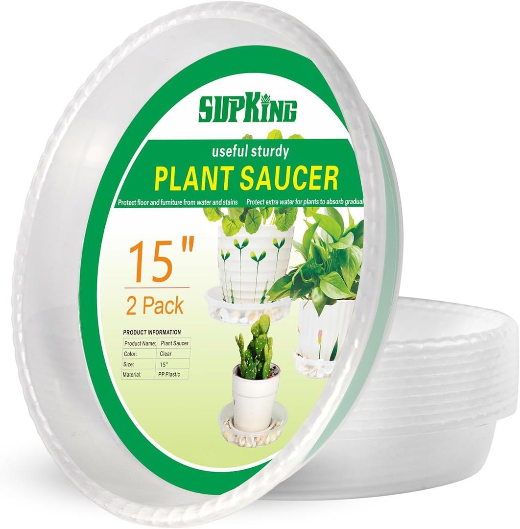 SupKing Large Plant Saucers Drip Tray 2 Pack 15 Inch Heavy Sturdy Plastic Flower Pot Saucers for Indoor,Clear Plastic Planter Water Tray for Plant Pots Liners (15''-Clear)