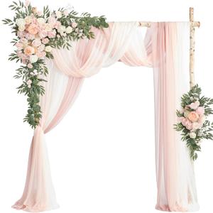 Ling's Moment Deluxe Pink Artificial Wedding Arch Flowers with Drapes Kit-Pack of 5, 2pcs Flower Arrangements 3pcs Hanging Sheer Drapes Blush Ceremony Arbor Reception Backdrop Rose Floral Decorations (Pk-blush & Cream)