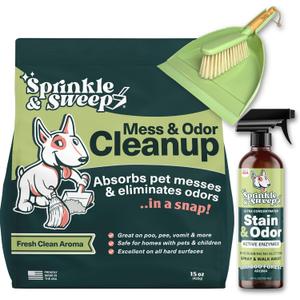 Sprinkle & Sweep: Pet Mess & Odor Cleanup Bundle - 15oz Bag, Dustpan Broom, 24oz Enzyme Stain Spray - Dog Accident Clumping Powder & Spot Treatment