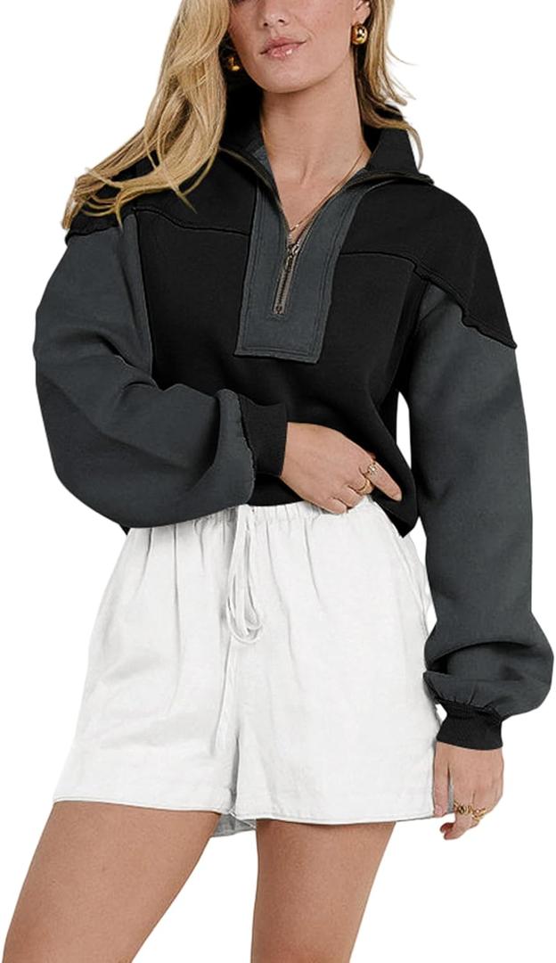Women's Oversized Sweatshirts Color Block Pullovers Half Zipped Cropped Long Sleeve Casual Tops (Black)