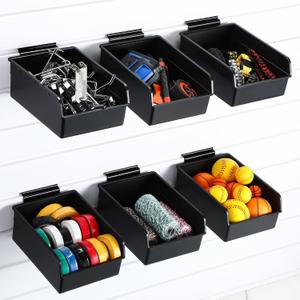 6 Pack Slatwall Bins with Hooks Set, Slatwall Organizer Containers Wall Mounted Storage Bins for Organizing Accessories Tools Storage Office Workshop Garage Workbench(Black)