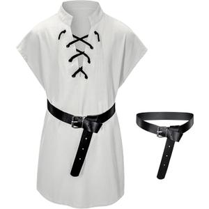Kids Medieval Viking Tunic Pirate Renaissance Retro Costume Shirt witn Belt for Boys Halloween Cosplay 12-14 Years White