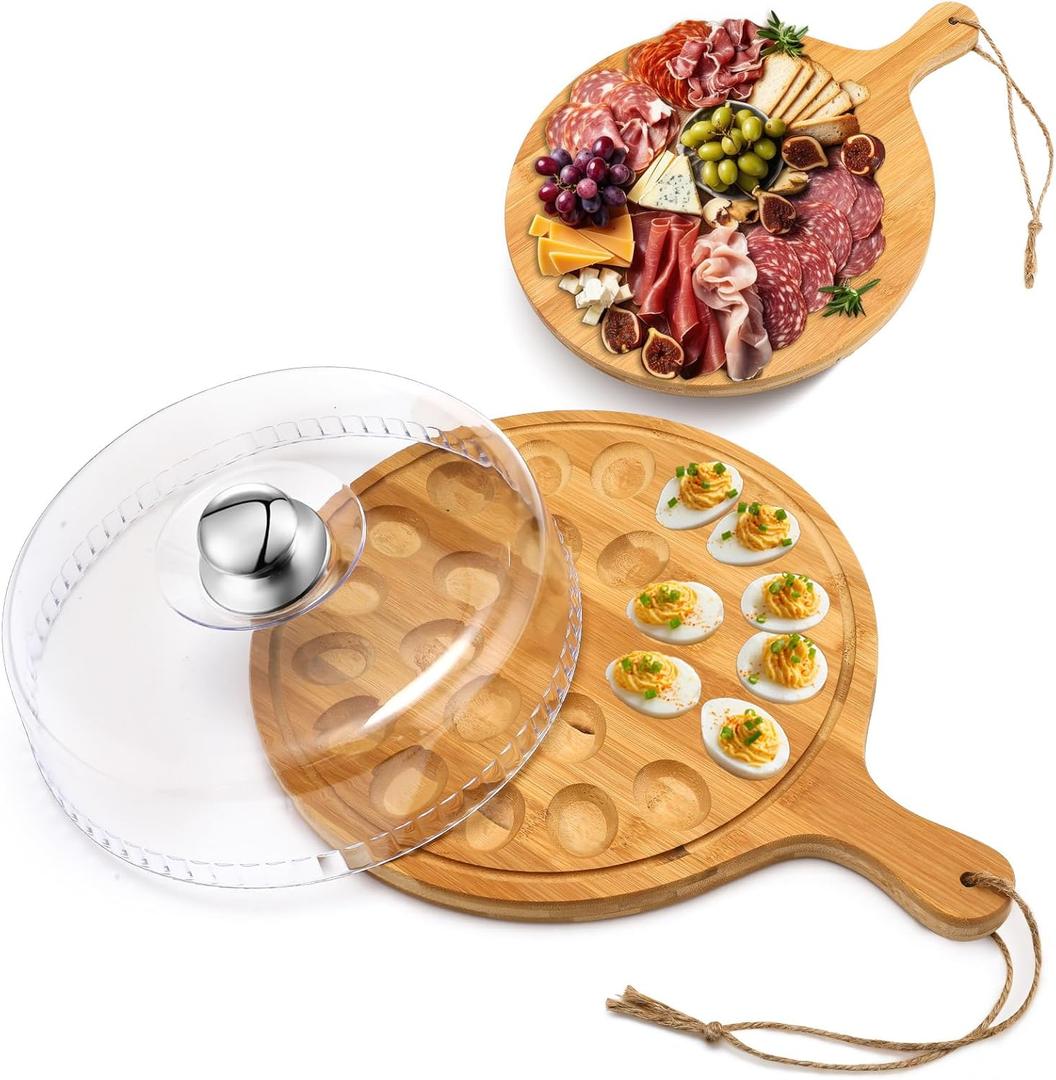 Easter Bamboo Wood Deviled Egg Platter with Lid and Handle - 24 Hole Round Tray, Reversible Charcuterie Board for Countertop, Thanksgiving