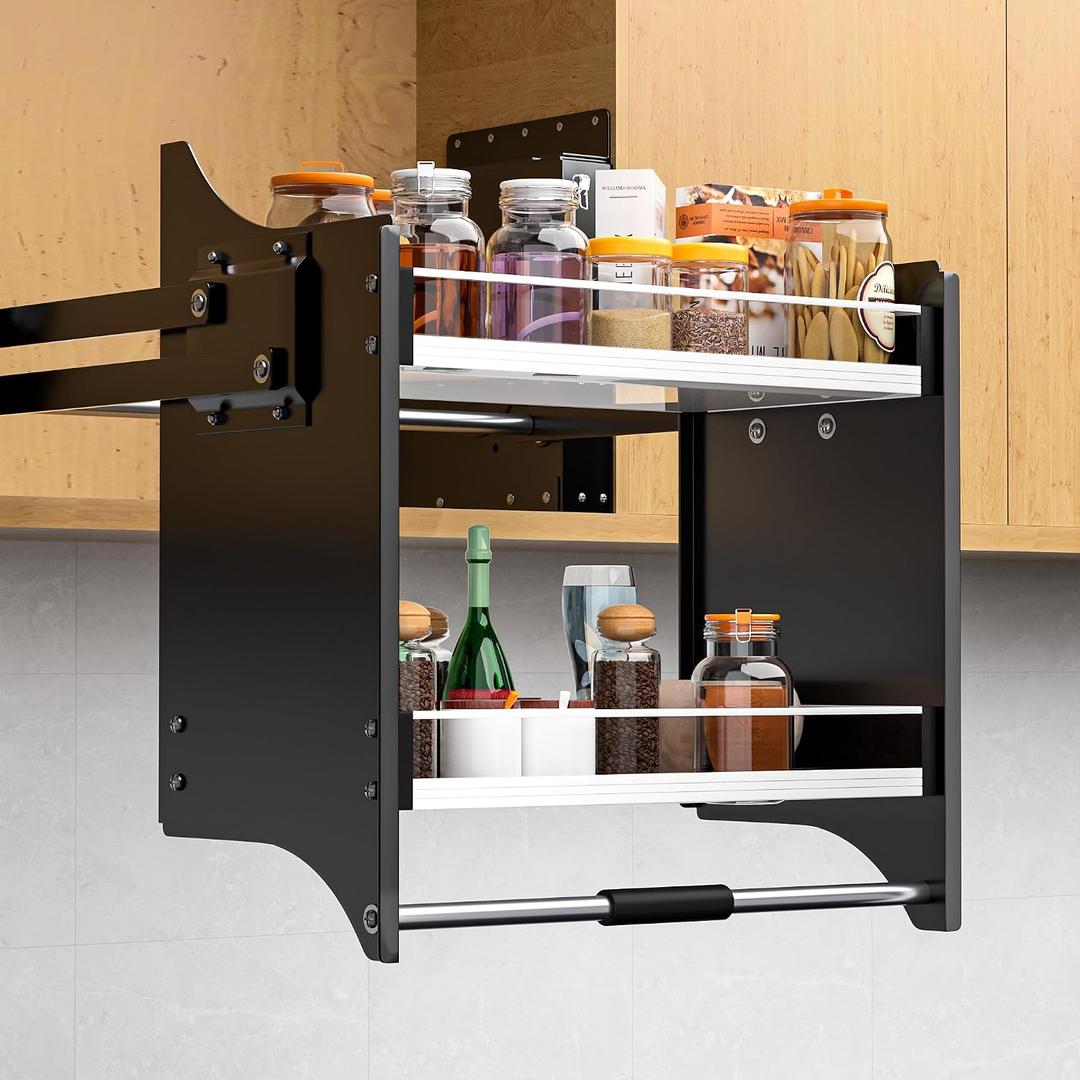 Pull Down Shelf,2-Tier Organizer for Upper Cabinets - Fits 30-32 Inch Wide Upper Cabinets, Heavy Duty Chrome Steel, Space Saving Storage Solution,black