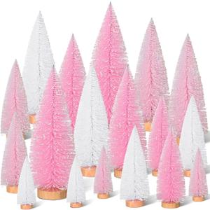 Leyndo 18 Pcs Pink Classic Artificial Mini Christmas Tree Sisal Bottle Brush Trees with Wood Base Christmas Pine Trees for Autumn Winter Holiday Home Kitchen Party Decor
