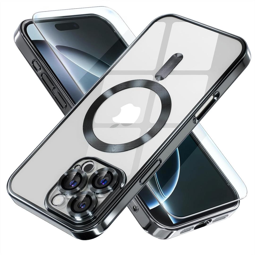 Misea Magnetic for iPhone 16 Pro Case Compatible with MagSafe [Never Yellowing] [Military Grade Drop Protection] Full Camera Lens Protector Plating Soft Clear Phone Case for Women 6.3", Black