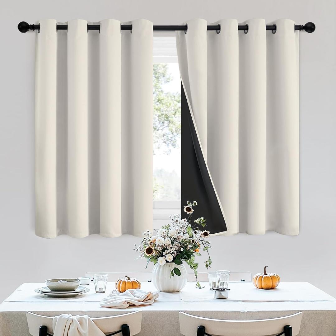 SimpleHome 100% Blackout Curtains for Bedroom, Thermal Insulated Cream Grommet Window Drapes Room Darkening Curtains for Living Room with Black Back, 52 x 36 Inch, 2 Panels