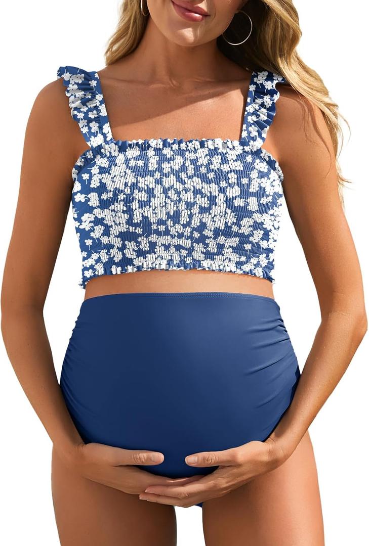 Summer Mae Maternity High Waist Bikini Swimsuit Two Piece Ruffled Hem Cute Bathing Suit Floral Pregnancy Swimwear (X-Large, Red Scrawlflower)