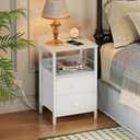 Furologee End Table with Charging Station, Nightstand with Fabric Drawers, Side Tables with USB Ports & Outlets, Night Stand with Storage Shelf & Hooks, for Living Room/Bedroom, White, 1 Pc