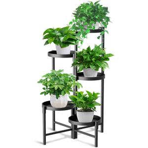 5 Tier Heavy Duty Metal Plant Stand for Indoor & Outdoor Use, Foldable Tall Corner Plant Shelf, Black Flower Pot Holder & Display Rack for Living Room, Balcony, Garden, & Patio