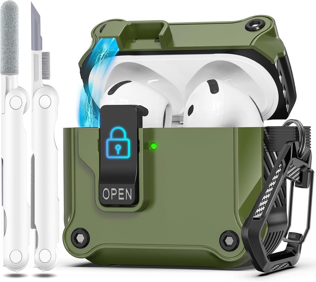R-fun Compatible with AirPods 4th Gen Case, Full Drop Protection Auto Pop-Up Lid and Lock Design with Cleaner Kit and Keychain for AirPods 4 2024-Olive Green