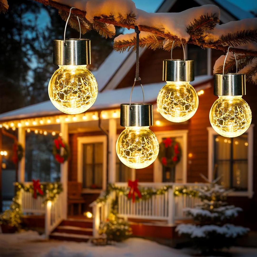 GIGALUMI 8 Pack Solar Outdoor Hanging Lights - Warm White LED, Water Resistant, Glass, Rechargeable Battery