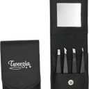 TWEEZIA Stainless Steel Tweezer Set - 4 Precision Tweezers with Mirror & Leather Case - Ideal Eyebrow Kit, Ingrown Hair Tweezers, Splinter Removal Kit or Pointed Tweezers for Beauty and Personal Care