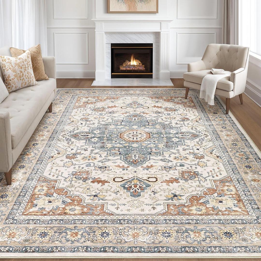 7x9 Area Rug Living Room: Washable Boho Large Neutral Vintage Soft Rug Stain Resistant Distressed Farmhouse Non-Slip Indoor Floor Carpet for Bedroom Nursery Kids Office Dining Room- Beige Blue