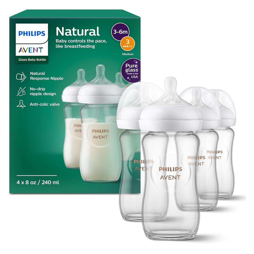 Philips Avent Natural Glass Baby Bottles with Natural Response Nipples (Medium Flow, Flow 3), 8oz, 4-Pack, SCY913/04 (8 Ounce)