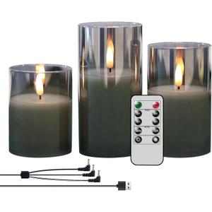 GenSwin Rechargeable LED Flameless Flickering Glass Candles with Remote Timer, Battery Operated Pillar Candles Long Lasting Grey Real Wax USB (D 3”×H 4”5”6”)