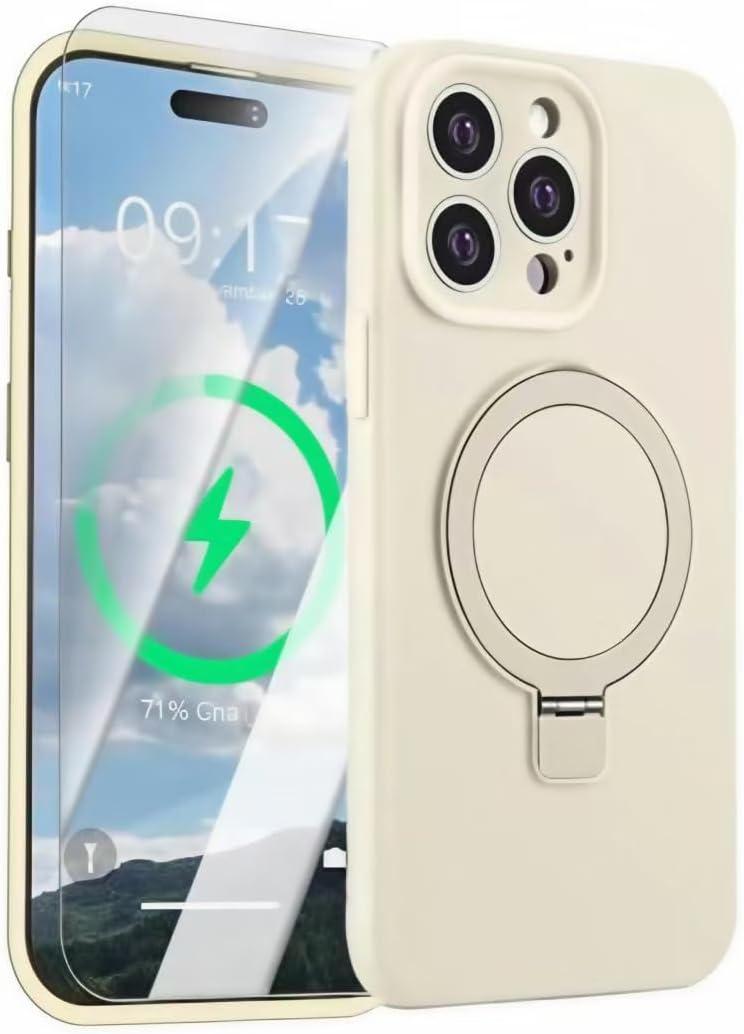 Mag-Ring Designed for iPhone 16 Pro Case, Liquid Silicone Soft Slim Phone Case with Stand [MagSafe Compatible] 1x Screen Protector Included (Vintage White, iPhone 16 Pro)