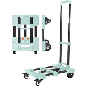 Heavy-Duty 500LB Capacity Hand Truck with One-Touch Retractable Handle & Extendable Plate, Portable Collapsible Dolly Cart with 4 Wheels w/Brakes Folding Luggage Cart for Travel/Home Use, Green