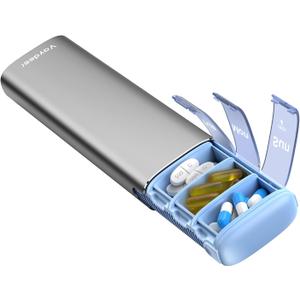 Vaydeer Metal Travel Pill Organizer, 7 Day Weekly Pill Box, Large Capacity Daily Cute Pill Case for Supplements, Pills, Vitamins and Medication (Small, Gray)