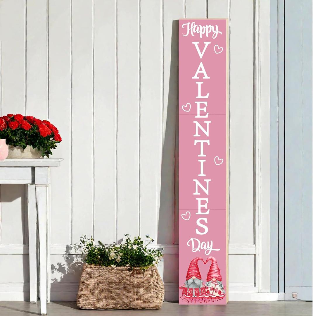 Pink Valentines Decor Valentines Porch Sign Porch Decor Gnomes Outdoor Decorations Wooden Door Decorations Indoor Outside Welcome Sign for Front Door 46.8 Inch Style 2