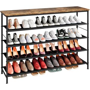 INGIORDAR Shoe Rack Organizer 5 Tier Long Metal Organizer Shelf with Industrial MDF Board and Layer Fabric for Entryway Closet Bedroom Living Room Garage, Black & Rustic Brown