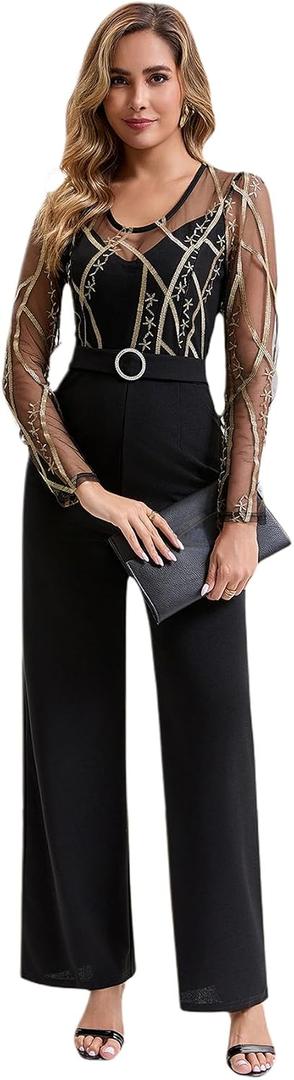 Xiczvak 2026 Women's Dressy Jumpsuits One Piece Sexy Elegant Flower Embroidery Cutout Mesh Long Sleeve Casual Formal Wide Leg Pants Rompers with Belt for Spring Fall Outfits Clothing Blackgold L