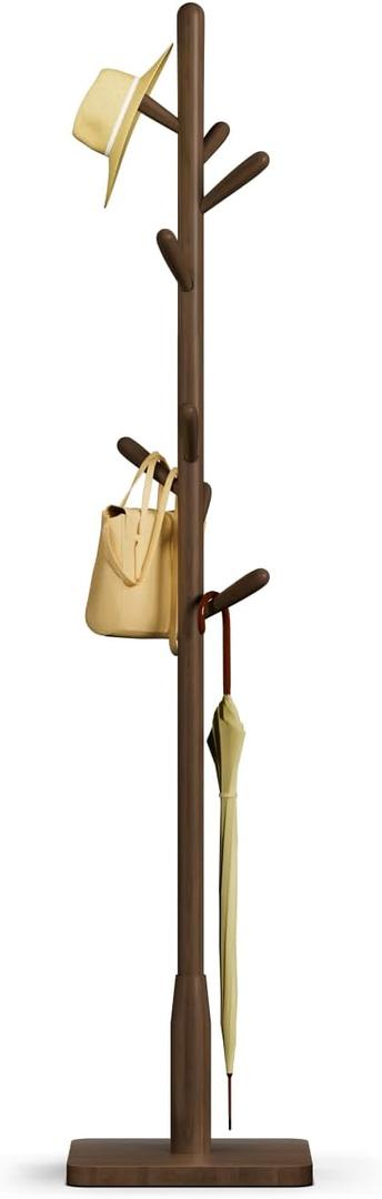 Solid Wood Square Base Coat Rack, Free Standing Hall Coat Tree with 8 Hooks+2 spare) for Coats, Hats, Bags, Purses, for Entryway, Hallway, Rubberwood Hooks,Base and Pole,(Square Base, Dark Walnut)