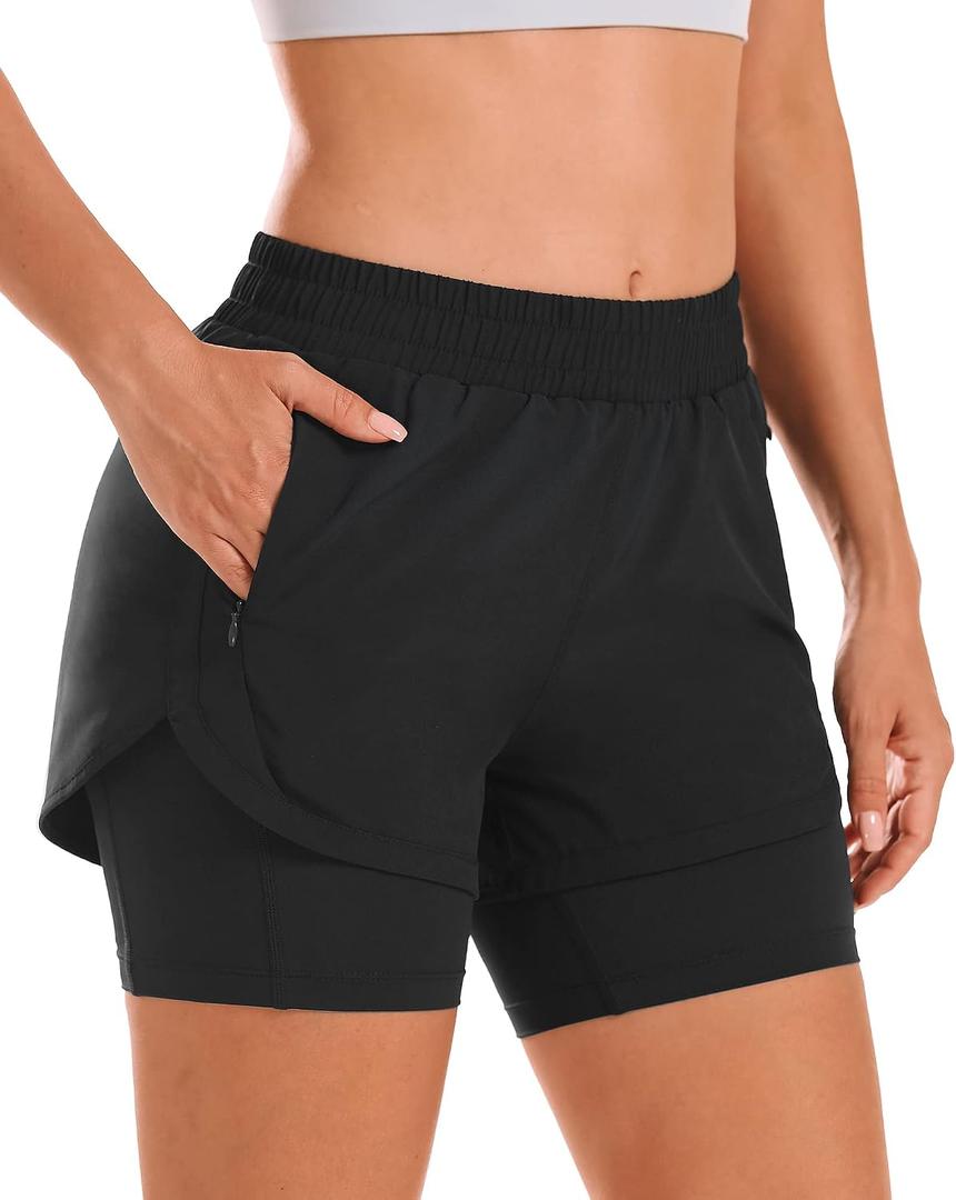 Stelle Women 2 in 1 Running Shorts High Waisted Athletic Shorts Gym Workout Shorts with Liner Zipper Pockets (Black, S)