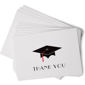 Graduation Cap with Colored Tassel Thank You Cards - 24 Cards & Envelopes (Red)