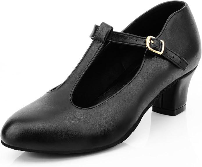 Womens Character T-Strap Dress Shoes - Leather Salsa Dance Heels, Black W 8.5