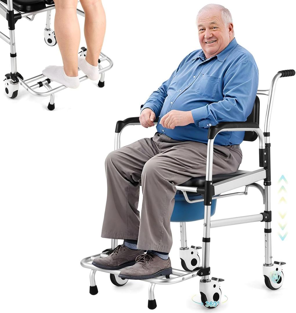 Enlarged Rolling Shower Chair: 4-in-1 Bariatric Commode Chair for Elderly, Post-op, Adjustable Shower Wheelchair with Safety Locking Wheels & Anti-tilt Footrest, Heavy Duty 350lbs
