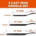Commercial CHEF 3-Piece Cast Iron Griddle Set, Pre-Seasoned Cast Iron, Includes 8, 10 & 12 Griddle Pans, Works on All Cooktops Including Induction, Outdoor Cookware for Campfires, CHCI81012