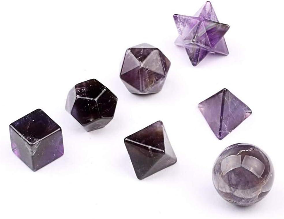 fengshuisale Carved 7 Pieces Amethyst Platonic Solids Sacred Geometry Symbols with Merkaba Star Crystal Healing Balancing SetW3486