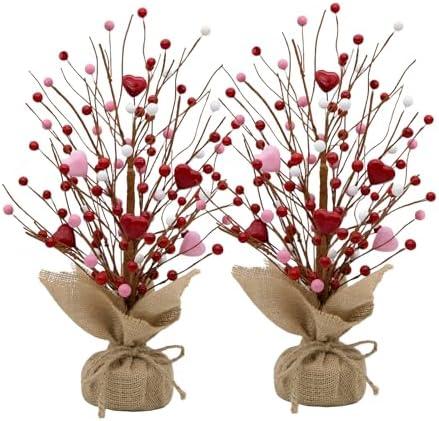 Valentine's Day Artificial Heart Berry Tree Decor - 1 Pack 16-Inch Red & Pink Valentine's Day Table Centerpieces for Valentines Day Indoor Decorations