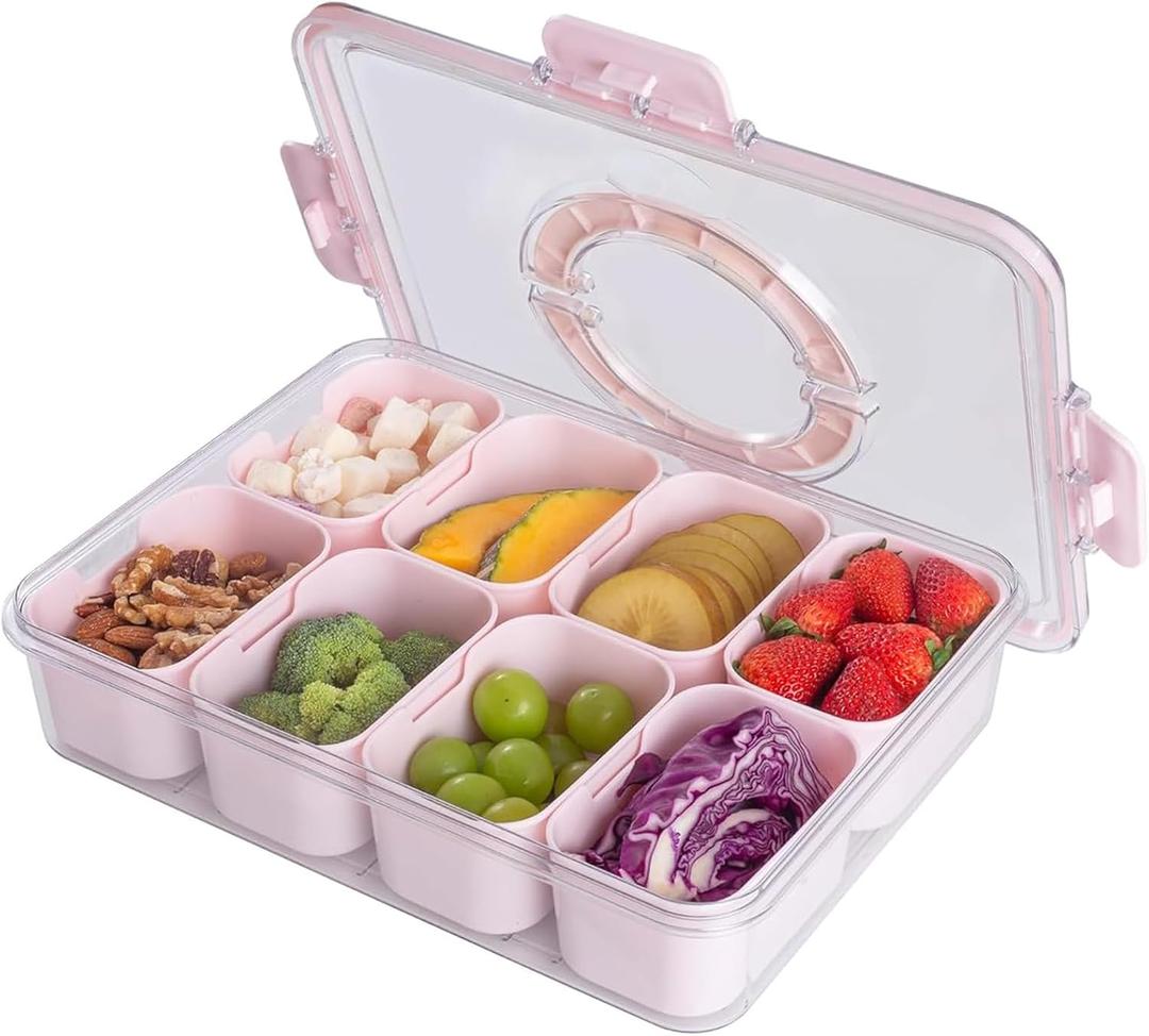 Snackle Box Container with Sealed Lid  Portable BPA-Free Snack Box with Foldable Handle, Divided Serving Tray for Fruit, Candy, Nuts & Veggies  Perfect for Travel, Picnic, Beach & Party 11.8" x 8.8" (Pink)