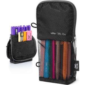 Mr. Pen- Standing Pencil Case Pouch, Sit & Lay Mesh-View Design, Black with Gray Zipper, Interior Pocket & 2 Elastic Binder Loops, Cute Pencil Case for Girls and Boys