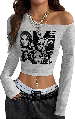 SweatyRocks Women's Y2k Graphic Crop Tops Off Shoulder Long Sleeve Fitted Vintage T Shirts M